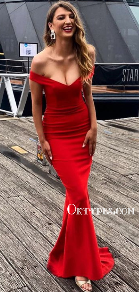 Simple Off-shoulder Mermaid Red Cheap Long Prom Dresses, PDS0159