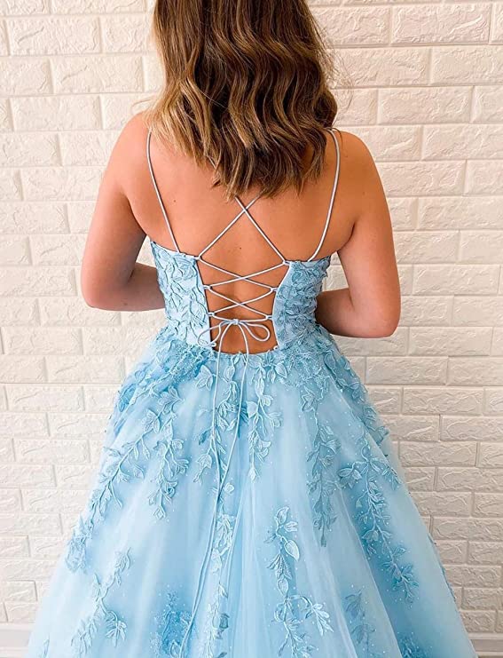 Sexy Blue Backless Spaghetti Straps Lace Evening Prom Dresses, Evening Party Prom Dresses, PDS0086