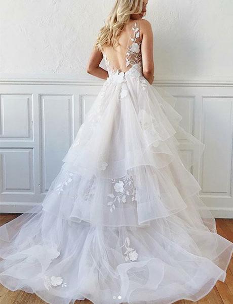 Romantic A-Line V Neck Open Back Tiered White Tulle Long Wedding Dresses, TYP1947