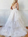 Romantic A-Line V Neck Open Back Tiered White Tulle Long Wedding Dresses, TYP1947