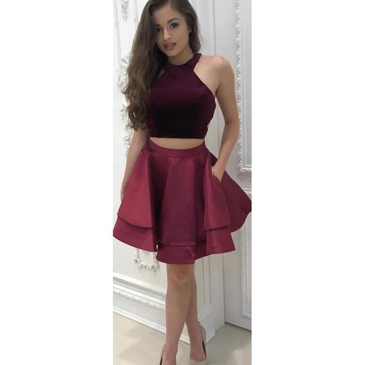 Sexy Two Pieces Simple Cheap Halter Dark Red Short Homecoming Dresses Online, CM538