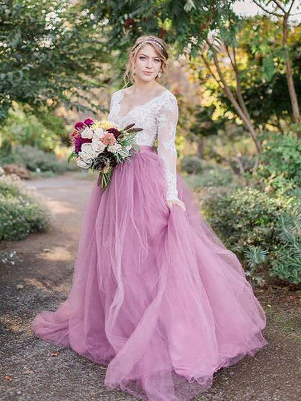 A-Line V-Neck Long Sleeves Pink Tulle Wedding Dresses with Lace Appliques , WDS0114