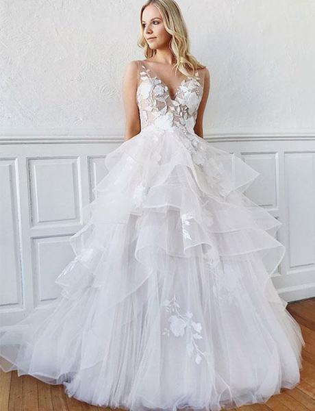 Romantic A-Line V Neck Open Back Tiered White Tulle Long Wedding Dresses, TYP1947