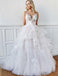 Romantic A-Line V Neck Open Back Tiered White Tulle Long Wedding Dresses, TYP1947