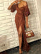 Brown Sequin With Sleeves V Neck Split Long Evening Gowns Prom Dresses, TYP1654