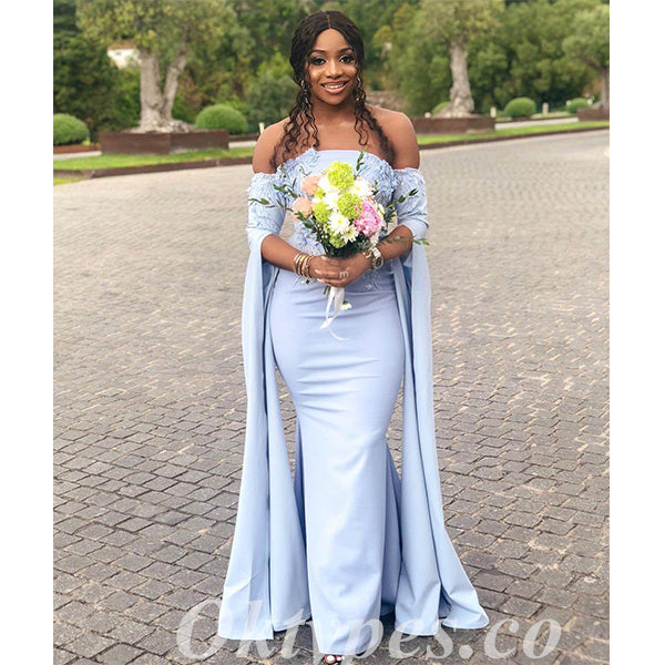 Elegant Soft Satin Off Shoulder Long Sleeve Side Slit Mermaid Floor Length Bridesmaid Dressses With Applique, BDS0243