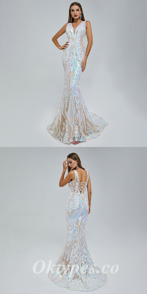 Elegant Special Fabric Spaghetti Straps V-Neck Sleeveless Mermaid Long Prom Dresses,PDS0461