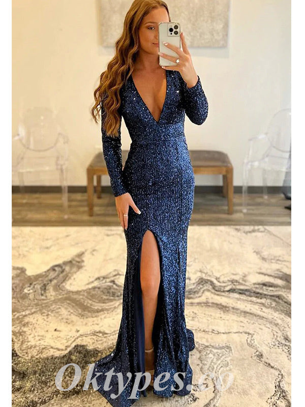 Sexy Sequin Deep V-Neck Long Sleeve Side Slit Long Prom Dresses,PDS0745