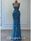 Sexy Sequin Spaghetti Straps V-Neck Mermaid Long Prom Dresses , PDS0881