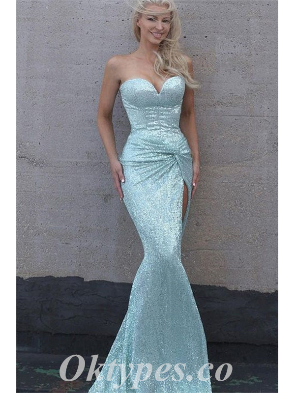 Sexy Shiny Sequin Sweetheart V-Neck Sleeveless Side Slit Mermaid Long Prom Dresses,PDS0723