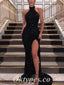 Sexy Black Sequin High Neck Sleeveless Side Slit Mermaid Long Prom Dresses,PDS0513