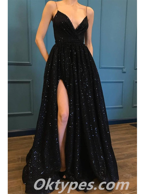 Sexy Sequin Spaghetti Straps V-Neck Side Slit Mermaid Long Prom Dresses ,PDS0367