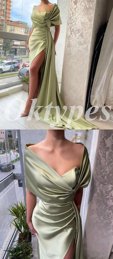 Sexy Satin Sleeveless Side Slit Mermaid Long Prom Dresses, PDS0858