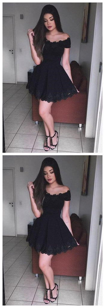 Off Shoulder Black Lace Simple Cheap Short Homecoming Dresses 2018, Little Black Dress, CM548