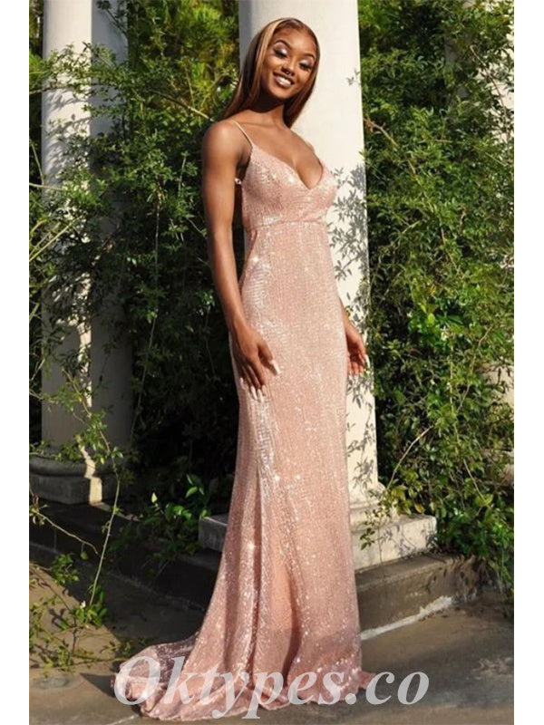 Sexy Sequin Tulle Spaghetti Straps V-Neck Sleeveless Mermaid Long Prom Dresses,PDS0612