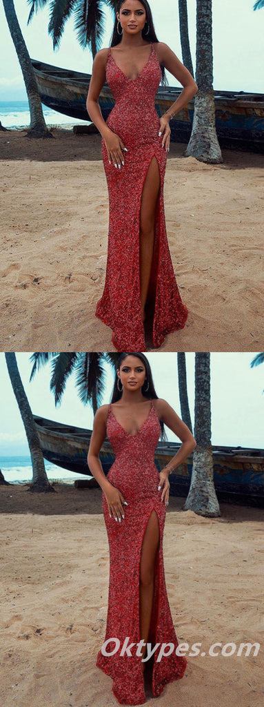 Sexy Charming Sequin Spaghetti Straps V-Neck Side Slit Mermaid Long Prom Dresses,PDS0374