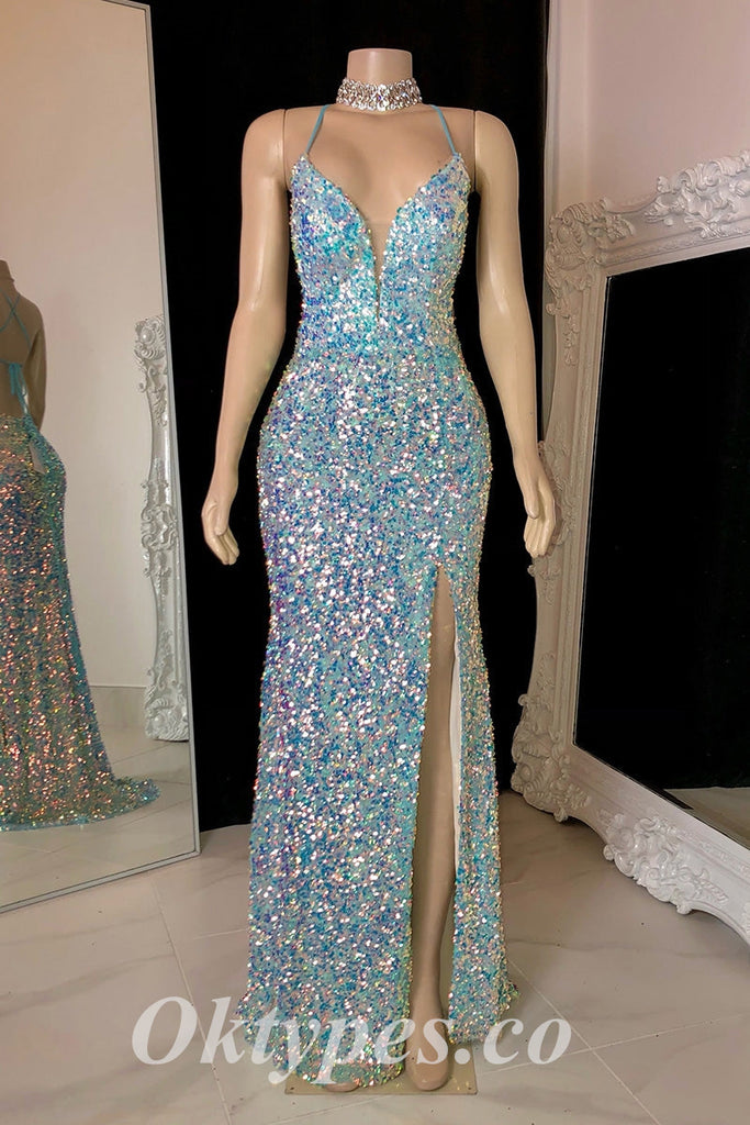 Sexy Shiny Sequin Spaghetti Straps V-Neck Sleeveless Criss Cross Lace Up Side Slit Mermaid Long prom Dresses, PDS0831