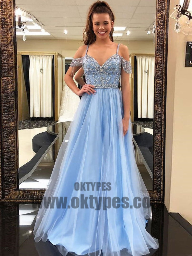 Long Floor Length Tulle Prom Dresses, Off-shoulder Prom Dresses, Beading Prom Dresses, TYP0339