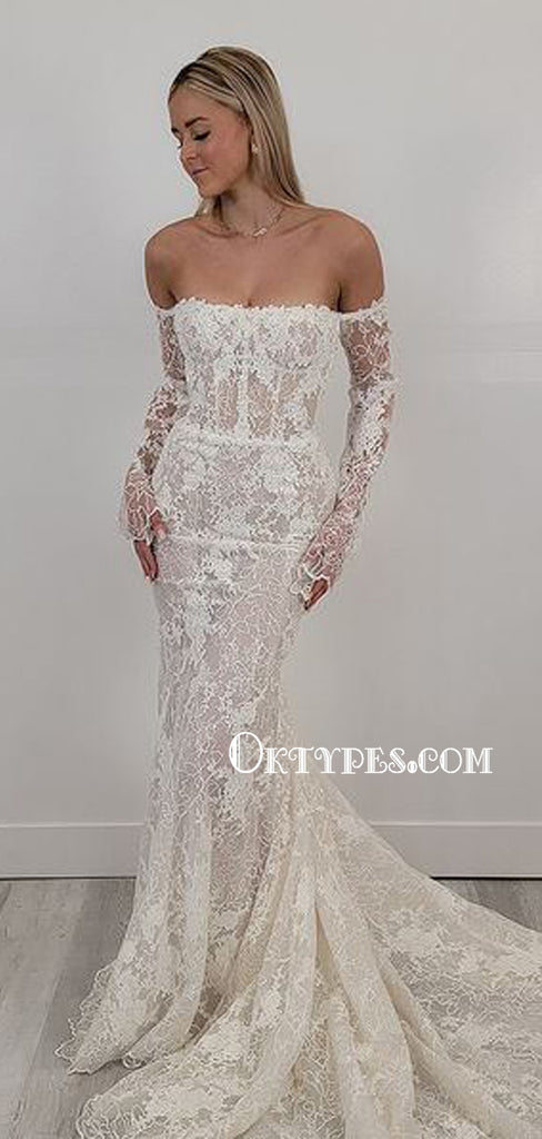 Sexy Straight Mermaid Lace Long Sleeve Wedding Dresses, WDS0109