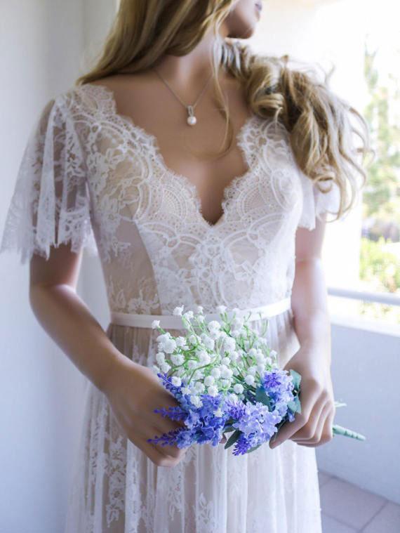 Short Sleeve V-Neck Sweep Train Lace Boho Wedding Dresses Online, TYP0996