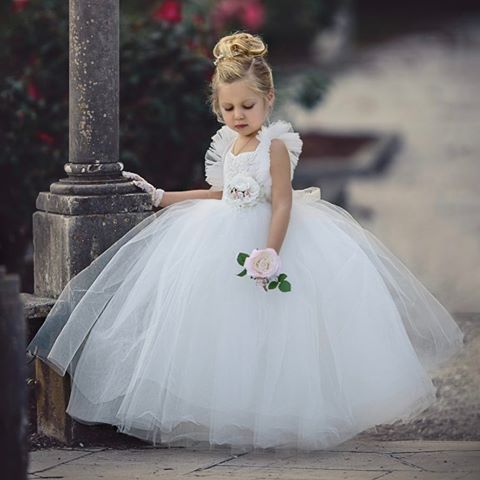 White Tulle Flower Girl Dresses, Beaded Backless Popular Little Girl Dresses, TYP0988