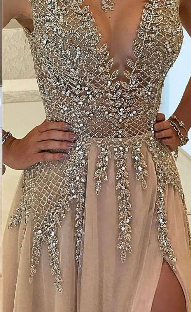 Charming Custom V neck Sleeveless Side Sleeves Most Popular Affordable High Quality Prom Dresses, TYP1156