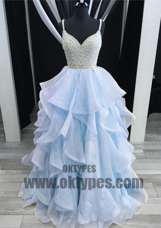 Long Floor Length Tulle Prom Dresses, Spaghetti Strap Prom Dresses, Beading Prom Dresses, Ruffles Prom Dresses, TYP0338