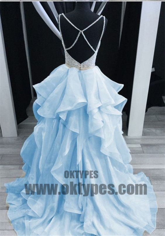 Long Floor Length Tulle Prom Dresses, Spaghetti Strap Prom Dresses, Beading Prom Dresses, Ruffles Prom Dresses, TYP0338