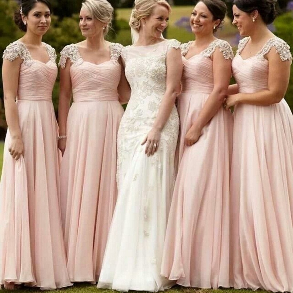 Pretty Junior Cap Sleeve Blush Pink Chiffon Formal A Line Floor-Length Cheap Bridesmaid Dresses, TYP0183