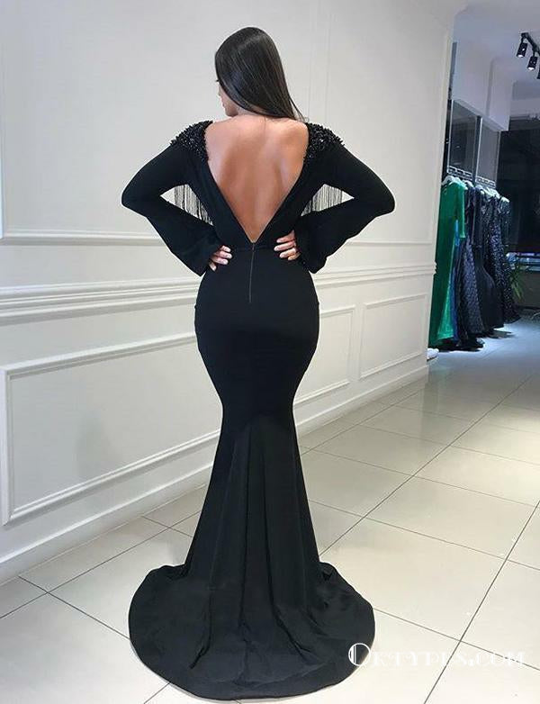 Black Long Sleeves Beading Long Mermaid Evening Gowns Backless Prom Dresses, TYP1695