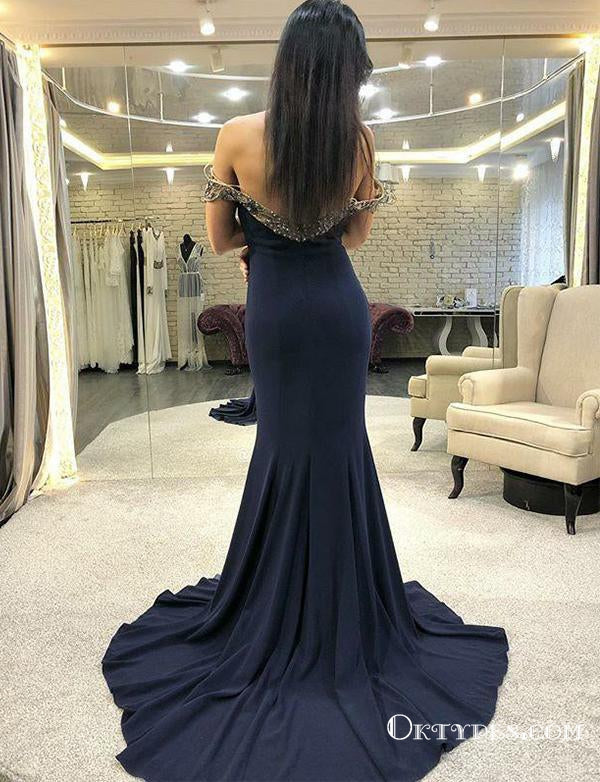 Mermaid Navy Blue Appliques Off The Shoulder Long Evening Prom Dresses, TYP1702