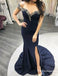 Mermaid Navy Blue Appliques Off The Shoulder Long Evening Prom Dresses, TYP1702