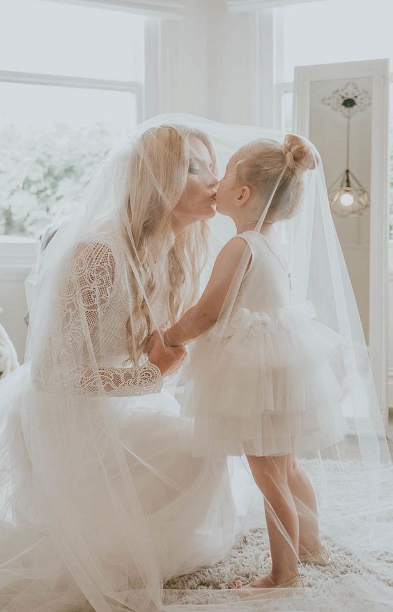 Cute Round Neck Tiered White Tulle Flower Girl Dresses with Lace, TYP1066