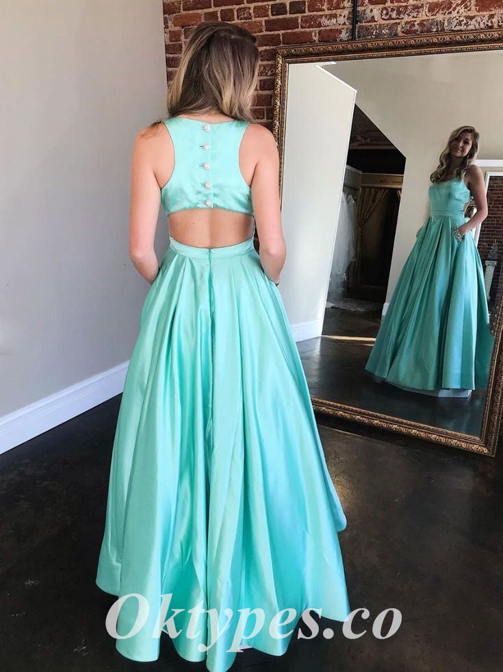 Sexy Satin Spaaghetti Straps sleeveless A-Line Long Prom Dresses With Pocket, PDS0928