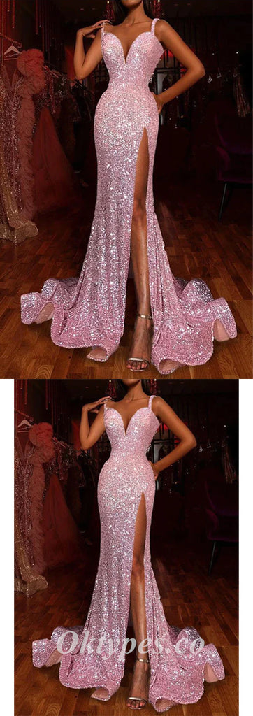 Sexy Pink Sequin Spaghetti Spraps V-Neck Side Slit Mermaid Long Prom Dresses,PDS0454