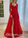 Elegant Lace And Tulle Long Sleeves V-Neck Side Slit A-Line Long Prom Dresses,PDS0773