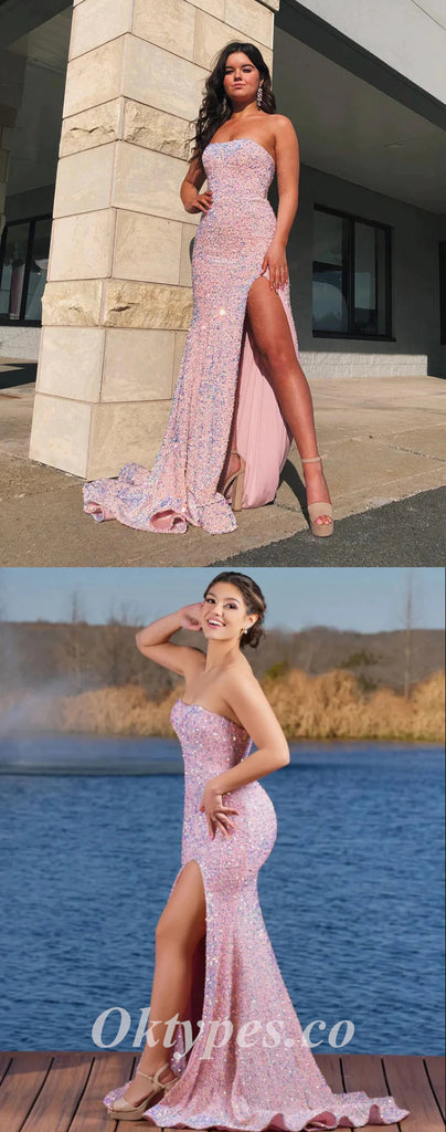 Sexy Pink Sequin Sweeetheart Sleeveless Side Slit Mermiad Long Prom Dresses,PDS0633