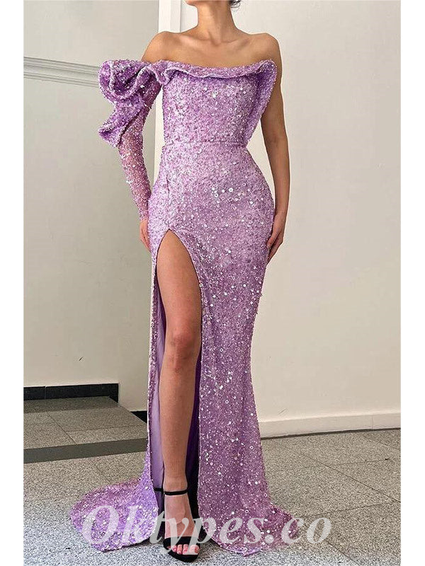 Sexy Sequin One Shoulder Long Sleeve Side Slit Mermaid Long Prom Dresses,PDS0790