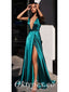 Sexy Soft Satin Spaghetti Straps Deep V-Neck Sleeveless Side Slit A-Line Long Prom Dresses, PDS0890