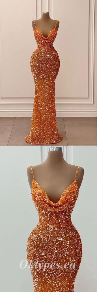 Sexy Orange Sequin Spaghetti Straps Cowl Sleeveless Mermaid Long Prom Dresses ,PDS0619