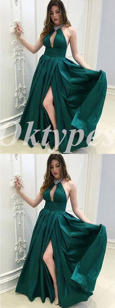 Sexy Satin Halter V-Neck Sleeveless Side Slit A-Line Long Prom Dresses, PDS0921