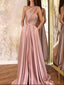 One Shoulder A Line Satin Slit Prom Dress with Pockets, PDS0300