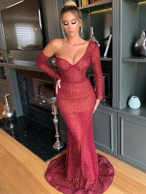 Charming One-shoulder Mermaid Long Sleeve Red Long Prom Dresses, PDS0235