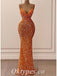 Sexy Orange Sequin Spaghetti Straps Cowl Sleeveless Mermaid Long Prom Dresses ,PDS0619