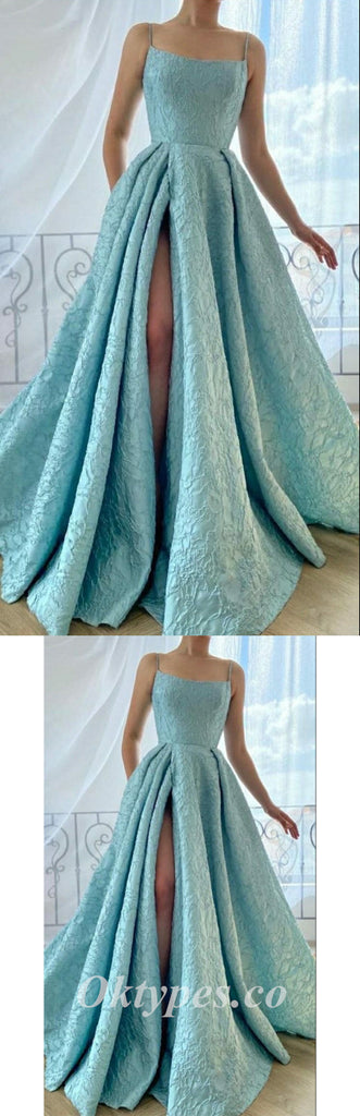 Sexy Gorgeous Special Fabric Spaghetti Straps Sleeveless Side Slit A-Line Long Prom Dresses,PDS0568