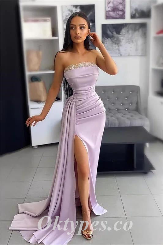 Sexy Satin Sweetheart Sleeveless Side Slit Mermaid Long Prom Dresses,PDS0786