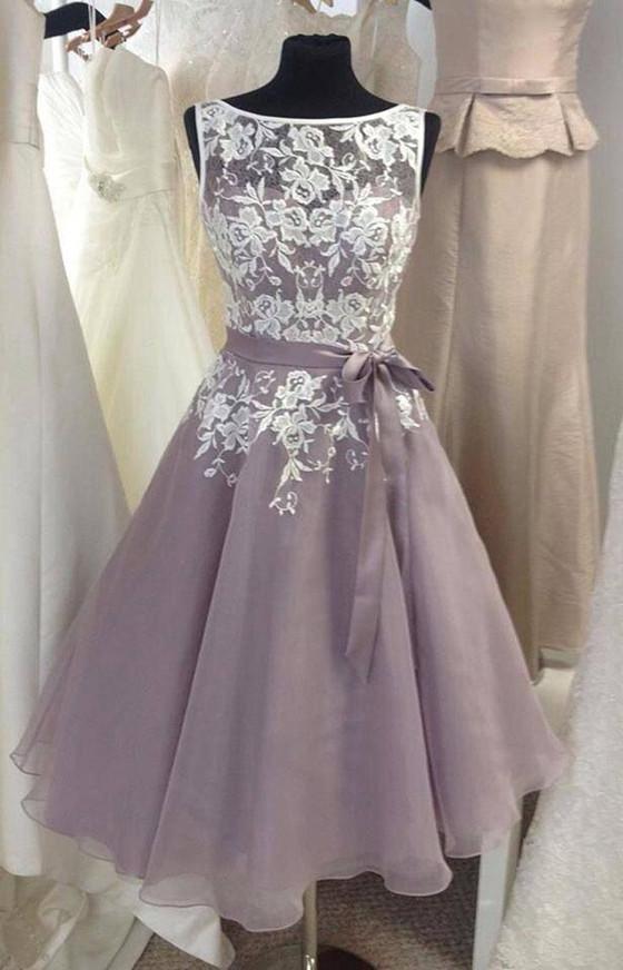 Lilac Chiffon Short Scoop Cheap Bridesmaid Dresses With Lace Appliques, TYP1100