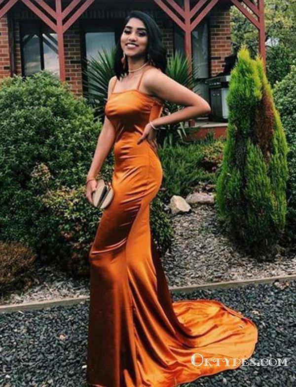 Modern Orange Long Spaghetti Straps Mermaid Evening Gowns Prom Dresses, TYP1903