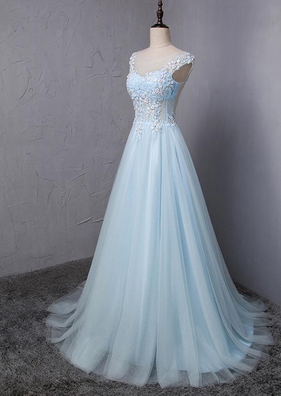 Light Blue Scoop Neckline Flower Embroidery A-Line Long Prom Dress, Beautiful Prom Dress, Prom Dresses, TYP0303