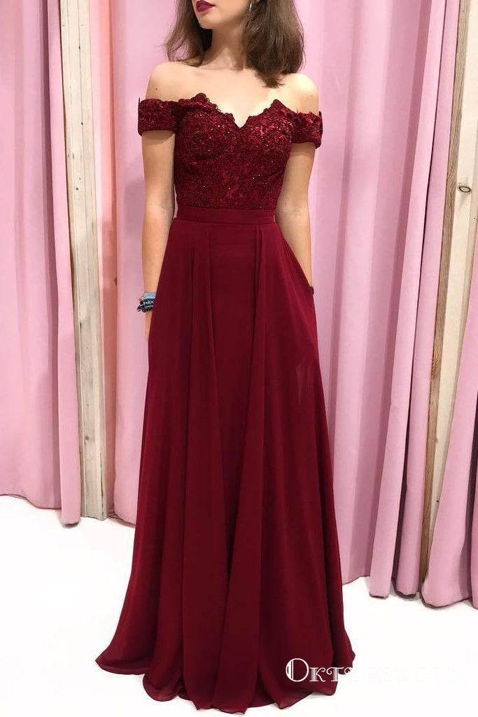 Off the Shoulder Burgundy Long Prom Dresses with Applique & Beaded, TYP1891